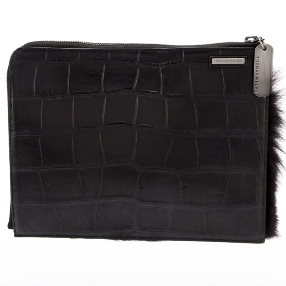 Thomas Wylde Black Crocodile Embossed & Mink Clutch
